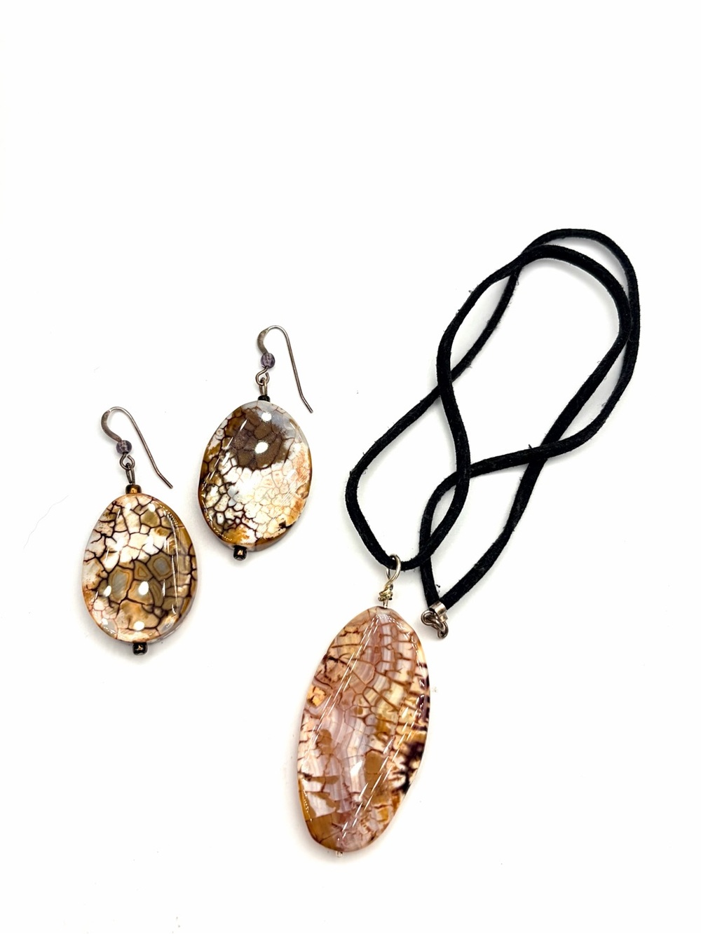 Artisan Brown Crackle Glass Oval Pendant Necklace with Matching Earrings